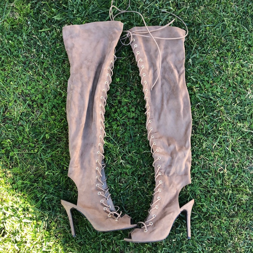 Thigh high lace up peep toe back cut out boots